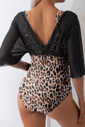 Mesh Patchwork V-Neck Half Sleeve One-Piece Swimsuit