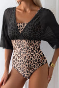 Mesh Patchwork V-Neck Half Sleeve One-Piece Swimsuit