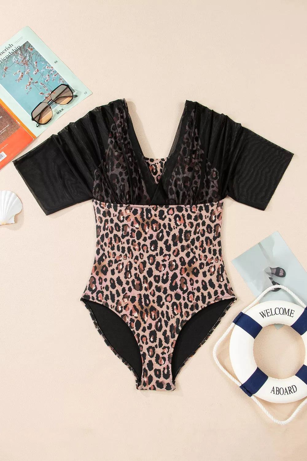 Mesh Patchwork V-Neck Half Sleeve One-Piece Swimsuit