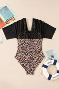 Mesh Patchwork V-Neck Half Sleeve One-Piece Swimsuit