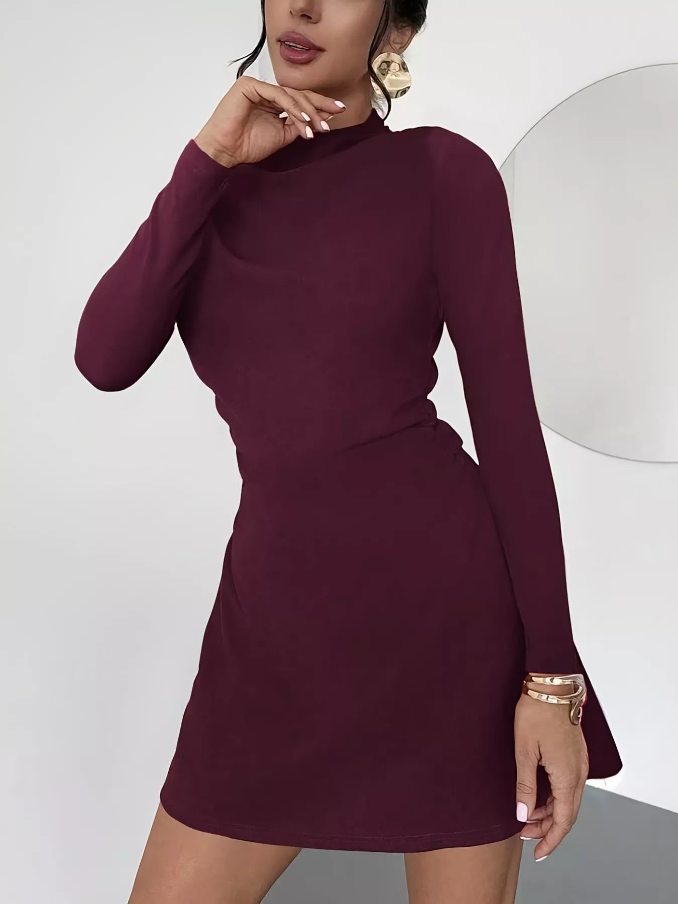 Mock Neck Long Sleeve Mini Dress Burgundy / S