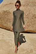 Mock Neck Long Sleeve Top & Pants Swim Set Army Green / S