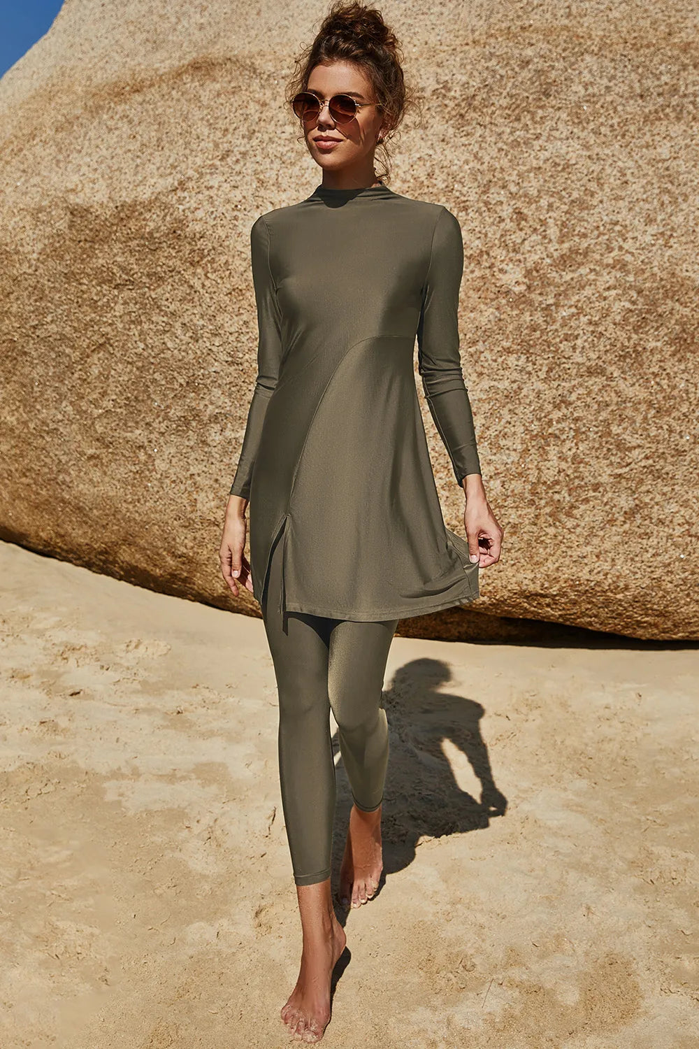 Mock Neck Long Sleeve Top & Pants Swim Set Army Green / S