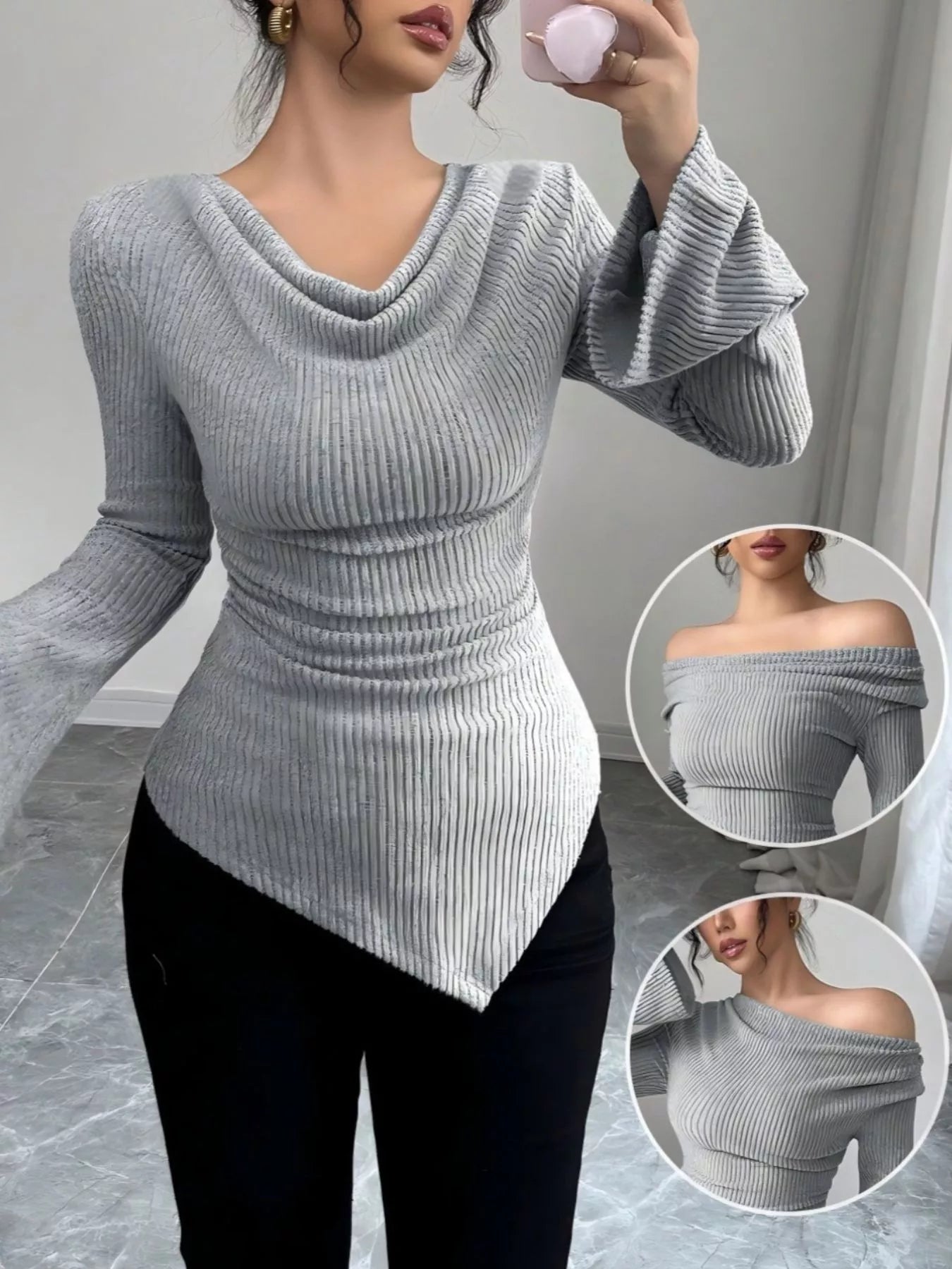 Off-Shoulder Bell Sleeve Ribbed Blouse