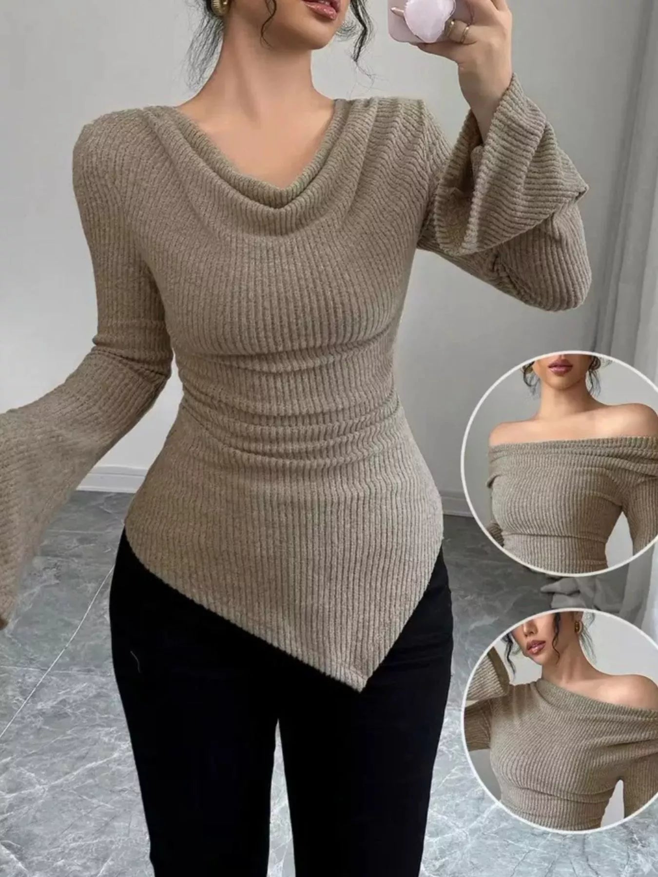 Off-Shoulder Bell Sleeve Ribbed Blouse