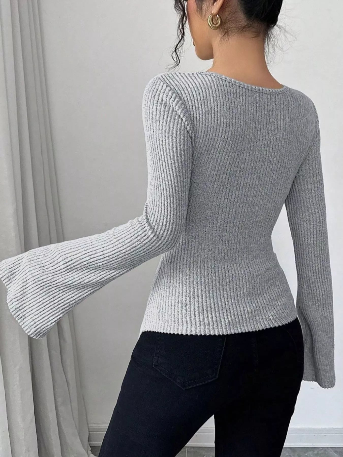 Off-Shoulder Bell Sleeve Ribbed Blouse