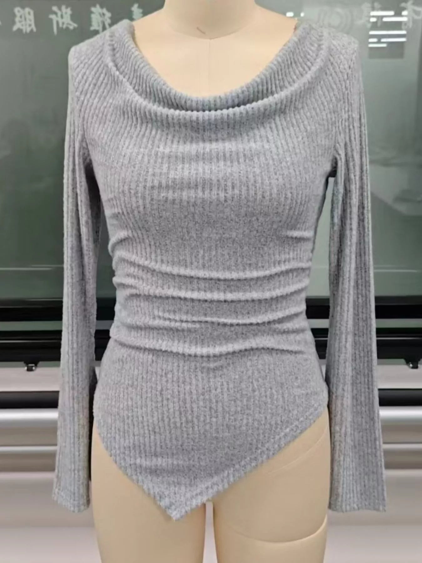 Off-Shoulder Bell Sleeve Ribbed Blouse