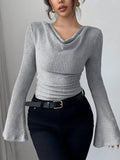 Off-Shoulder Bell Sleeve Ribbed Blouse