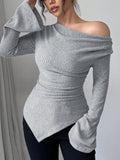 Off-Shoulder Bell Sleeve Ribbed Blouse