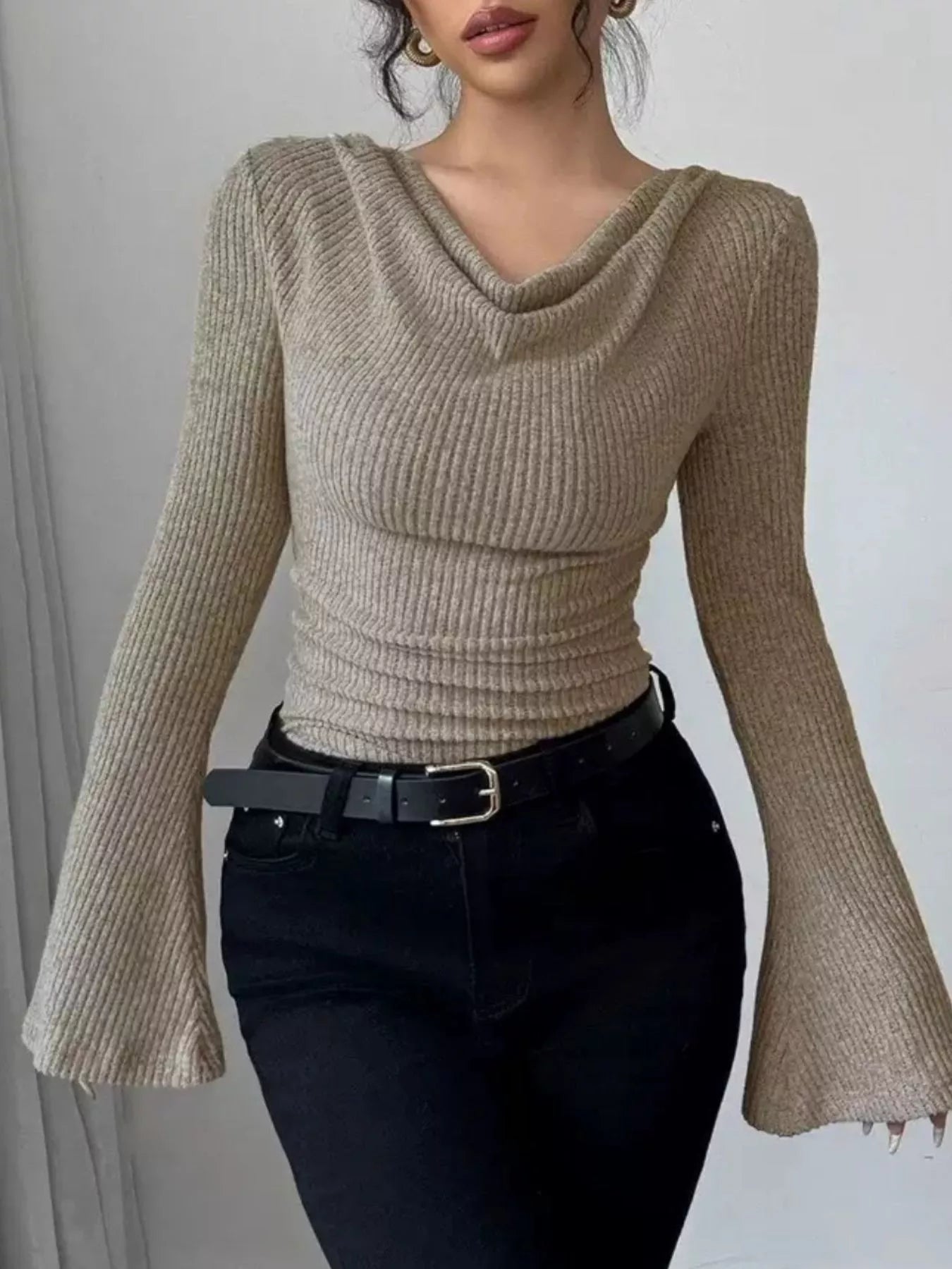 Off-Shoulder Bell Sleeve Ribbed Blouse