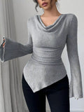 Off-Shoulder Bell Sleeve Ribbed Blouse Gray / S