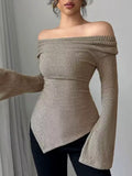 Off-Shoulder Bell Sleeve Ribbed Blouse Khaki / S