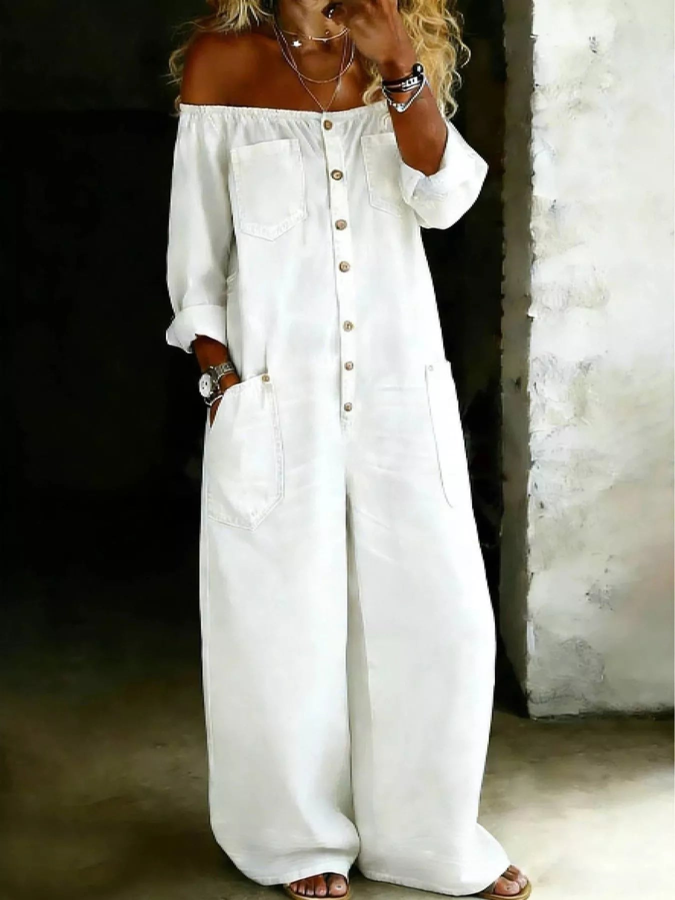Off-Shoulder Button-Down Wide-Leg Jumpsuit Plus Size White / S