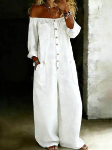 Off-Shoulder Button-Down Wide-Leg Jumpsuit Plus Size