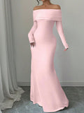Off-Shoulder Ruched Bodycon Maxi Dress Dusty Pink / XS