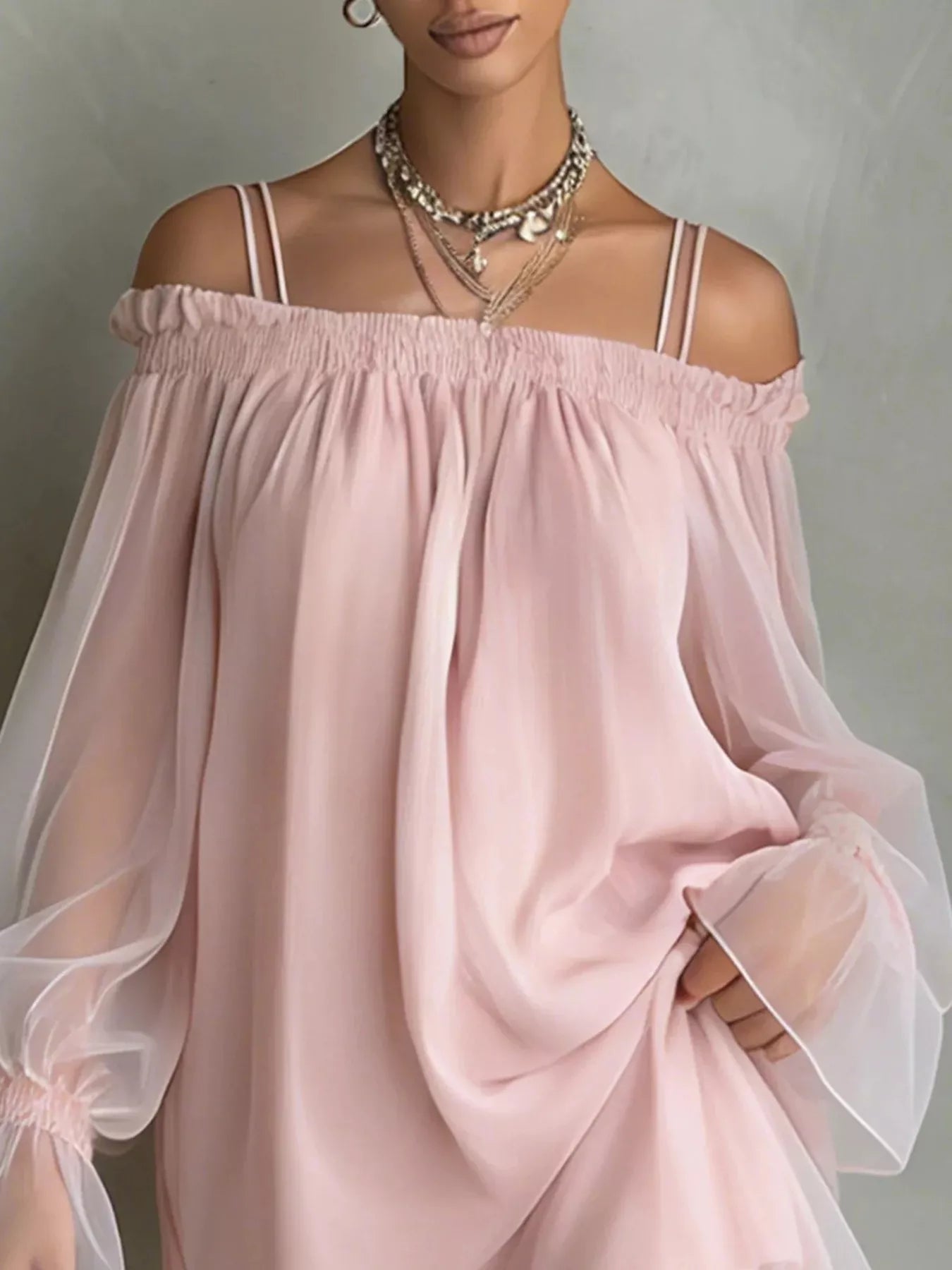 Off-Shoulder Sheer-Sleeve Mini Dress - product view 3