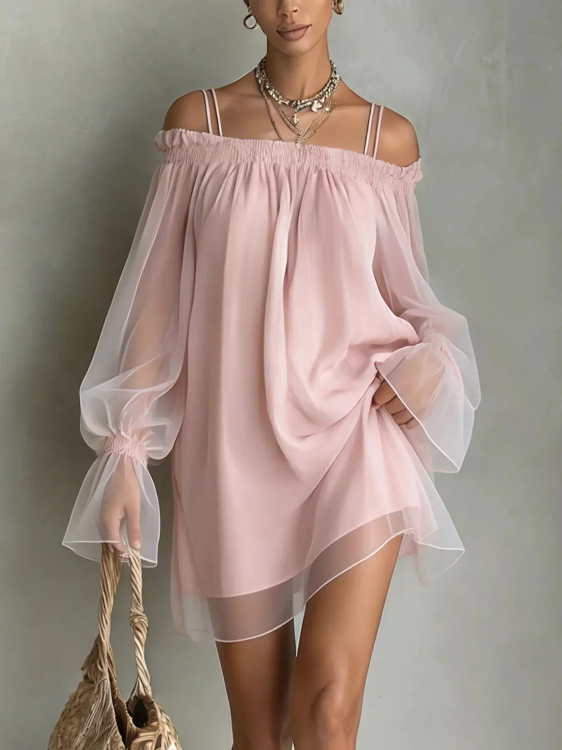 Off-Shoulder Sheer-Sleeve Mini Dress - product view 1