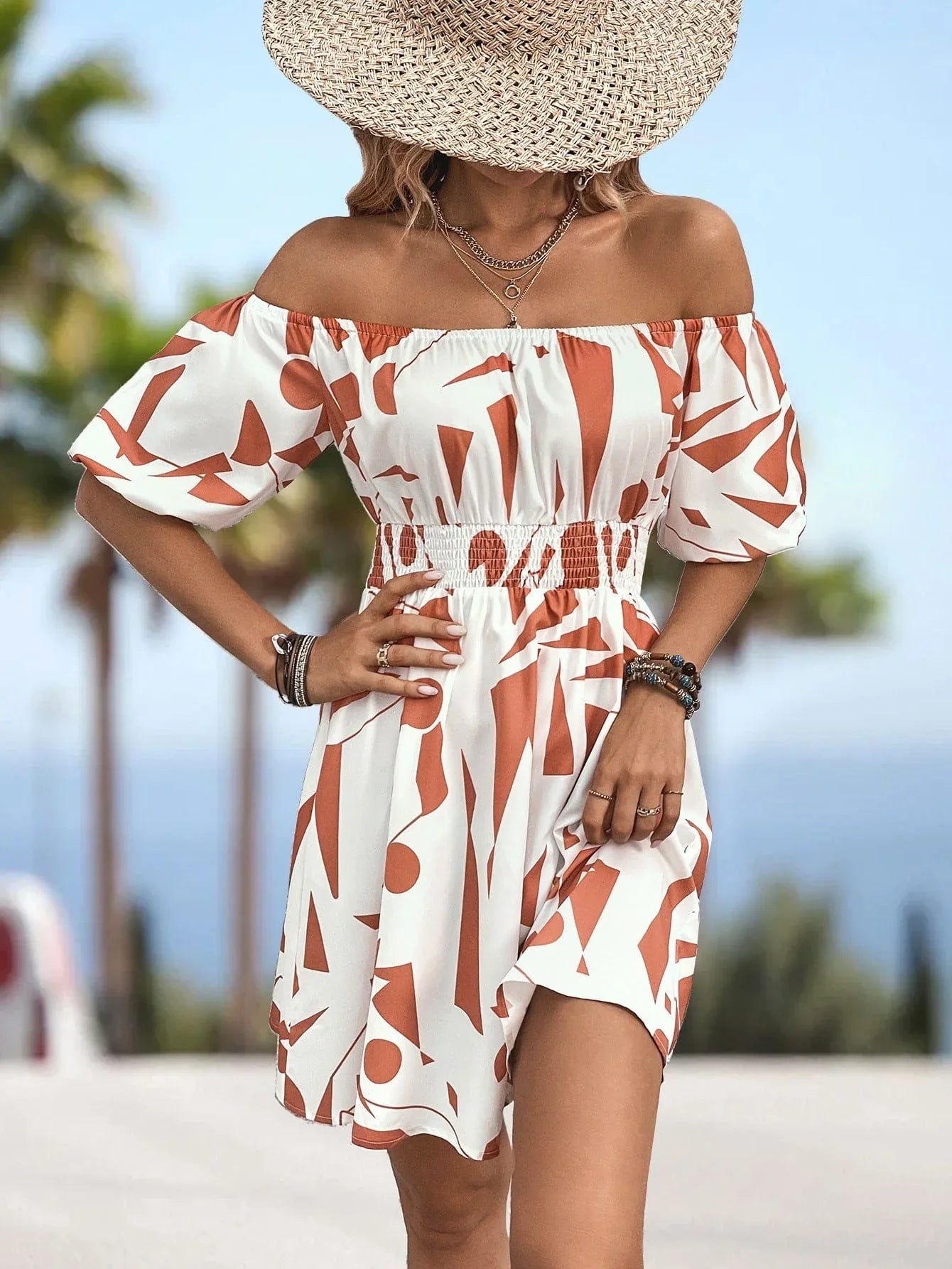 Off-Shoulder Smocked Waist Dress