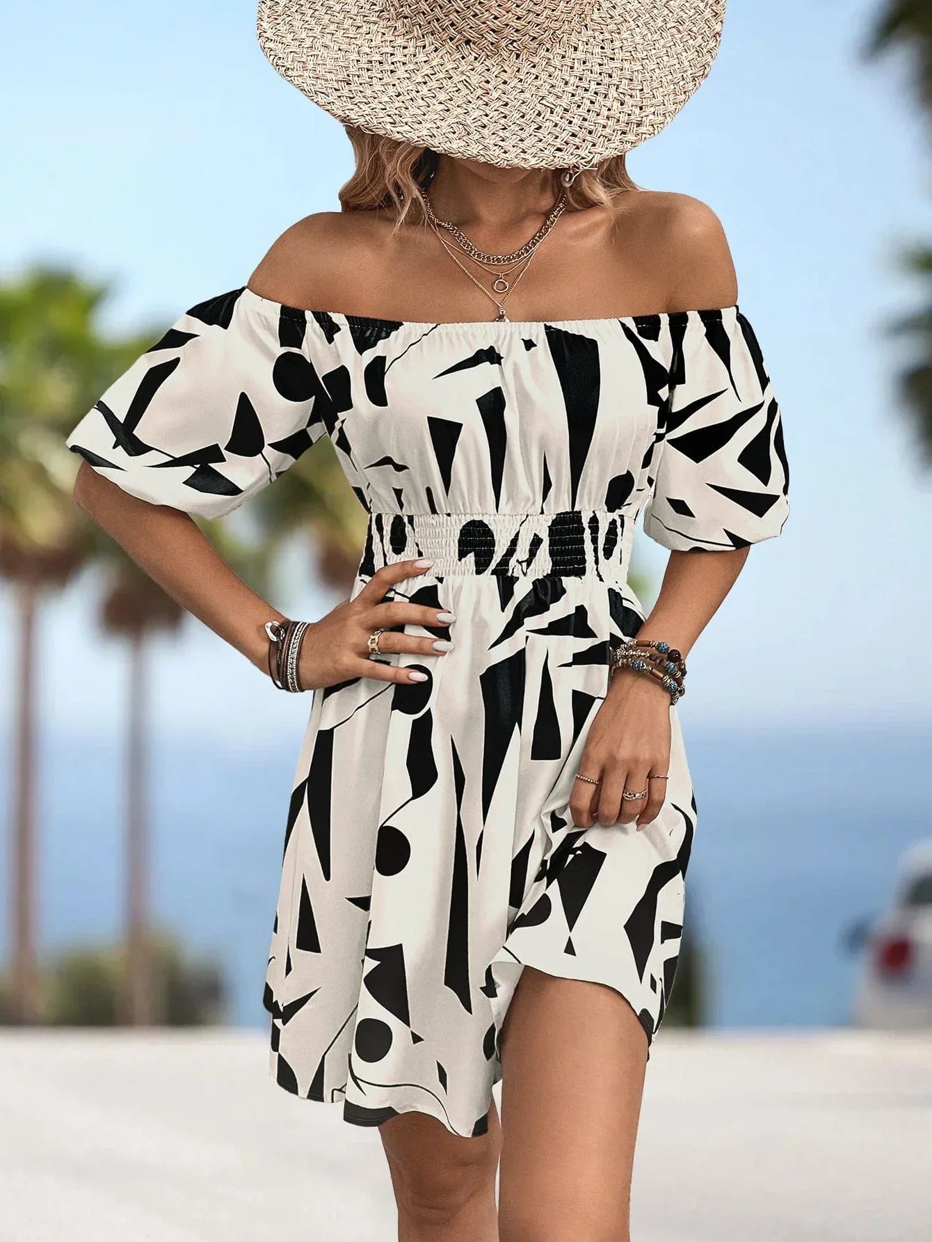 Off-Shoulder Smocked Waist Dress