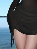 One-Shoulder Bell Sleeve Ruched Mini Cover-Up Dress