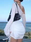 One-Shoulder Bell Sleeve Ruched Mini Cover-Up Dress