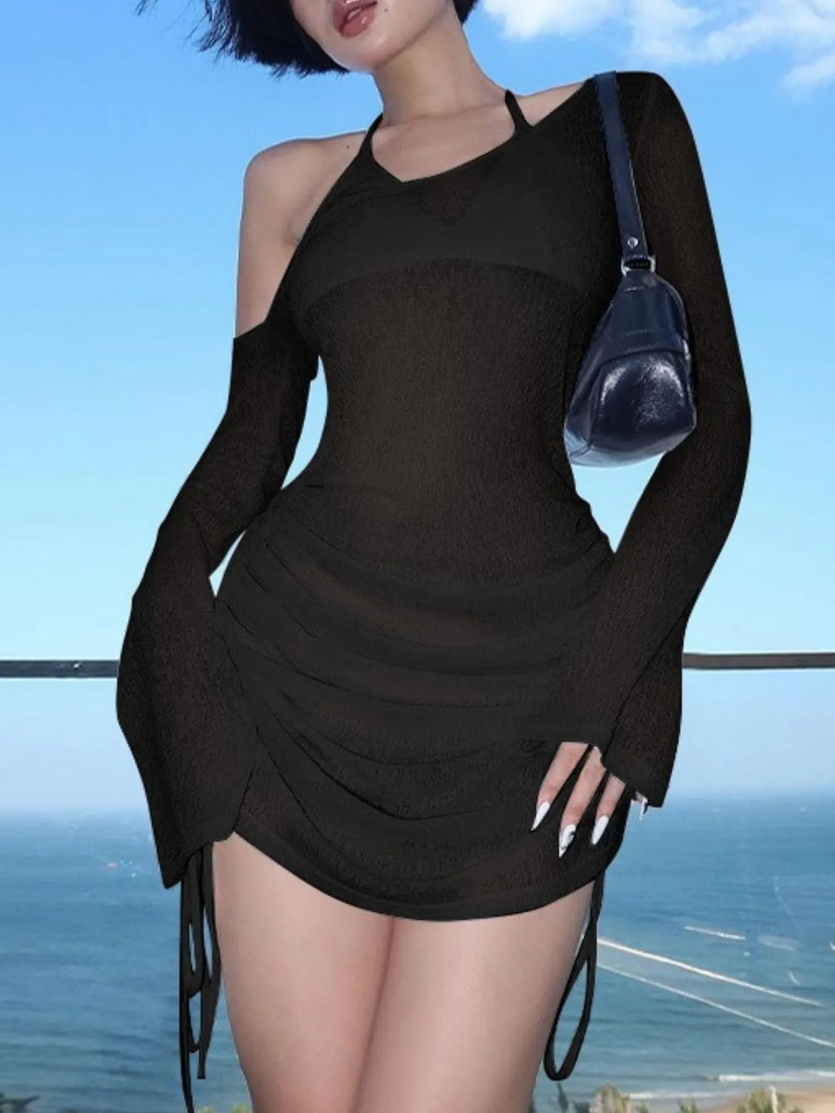 One-Shoulder Bell Sleeve Ruched Mini Cover-Up Dress Black / S