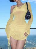 One-Shoulder Bell Sleeve Ruched Mini Cover-Up Dress Light Yellow / S