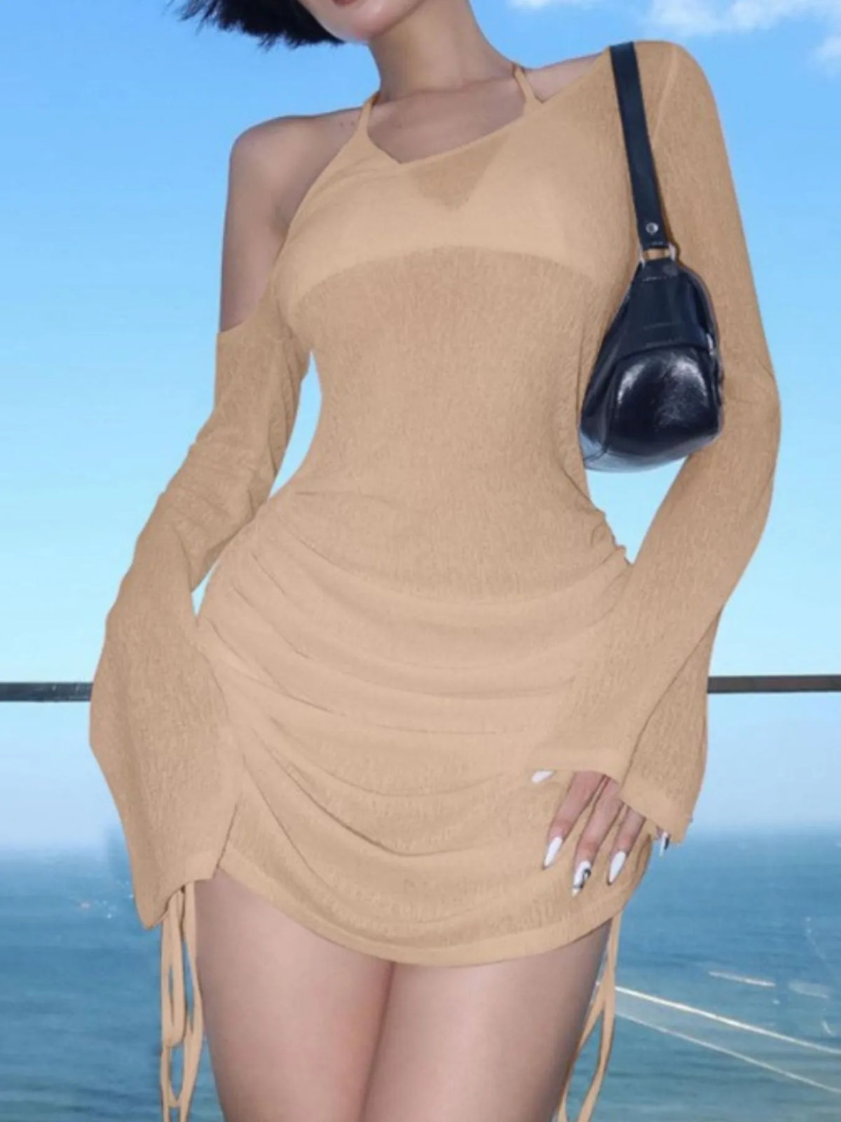 One-Shoulder Bell Sleeve Ruched Mini Cover-Up Dress Tan / S