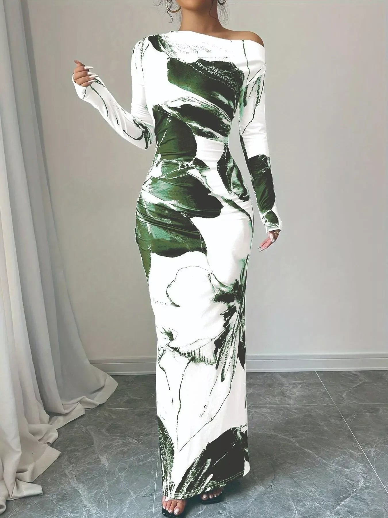 One Shoulder Maxi Dress Green / S