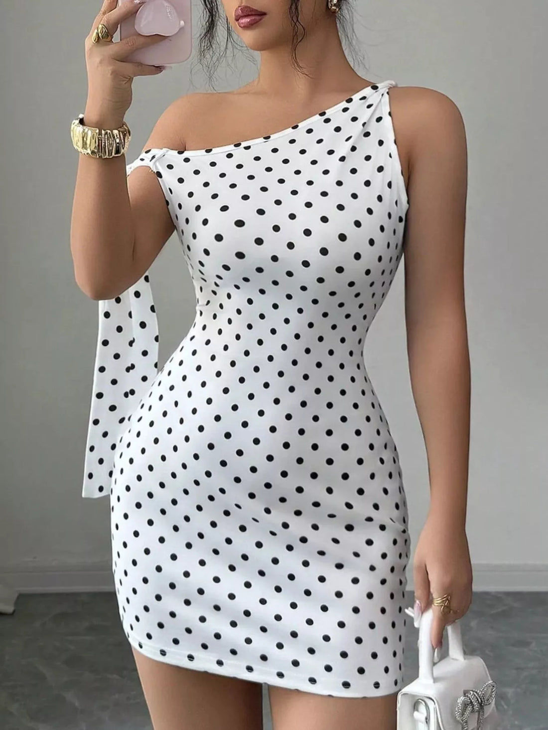 One-Shoulder Polka Dot Bodycon Mini Dress White / S
