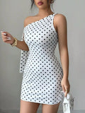 One-Shoulder Polka Dot Bodycon Mini Dress White / S