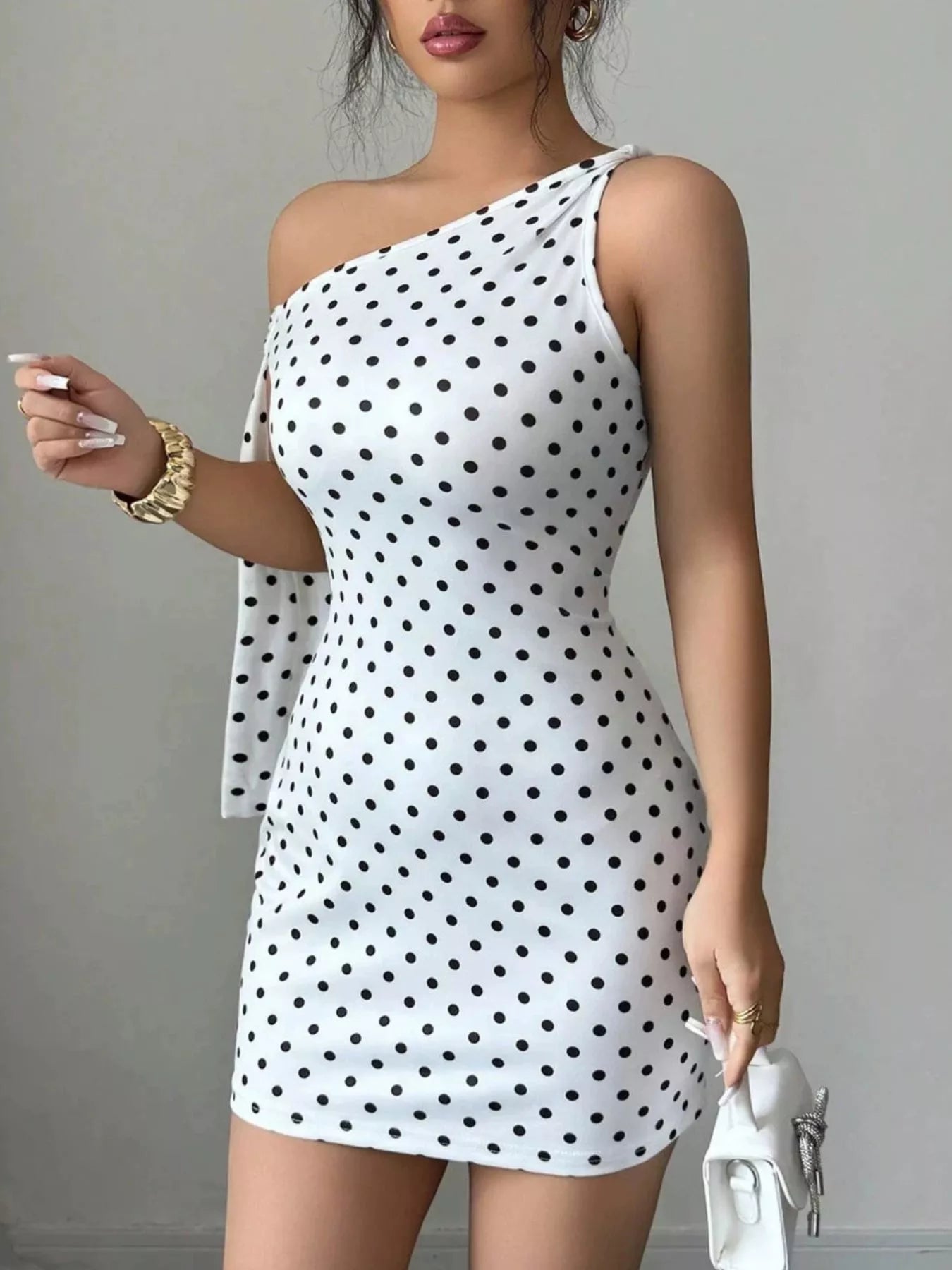 One-Shoulder Polka Dot Bodycon Mini Dress White / S
