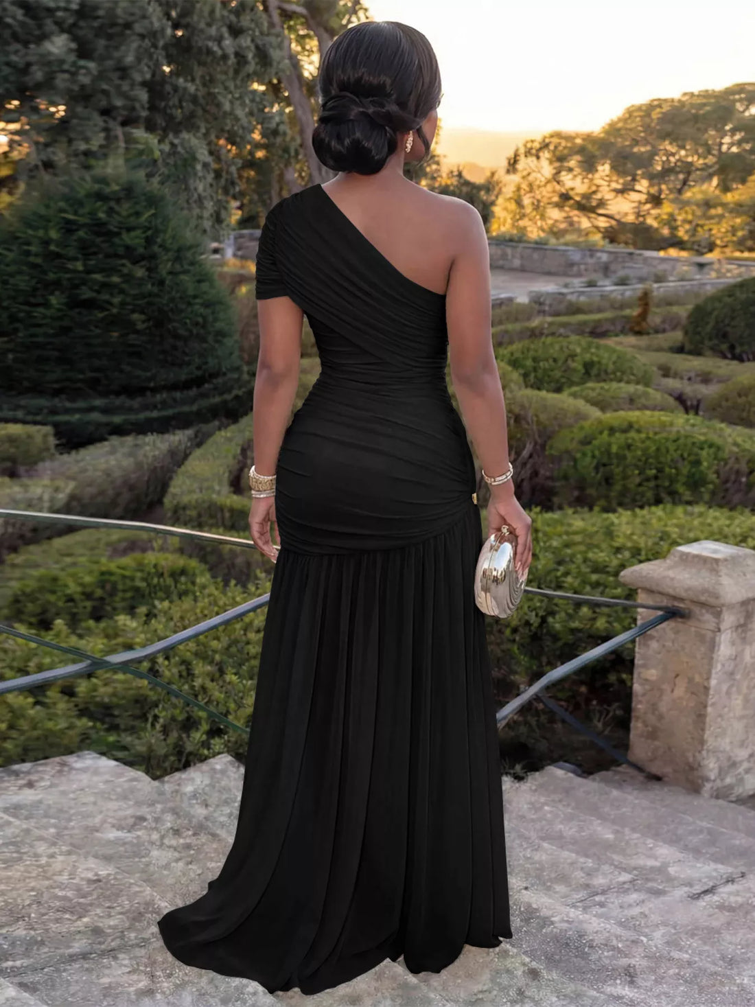 One-Shoulder Ruched High-Slit Maxi Dress Black / S