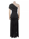 One-Shoulder Ruched High-Slit Maxi Dress