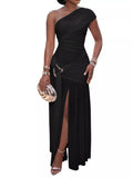 One-Shoulder Ruched High-Slit Maxi Dress