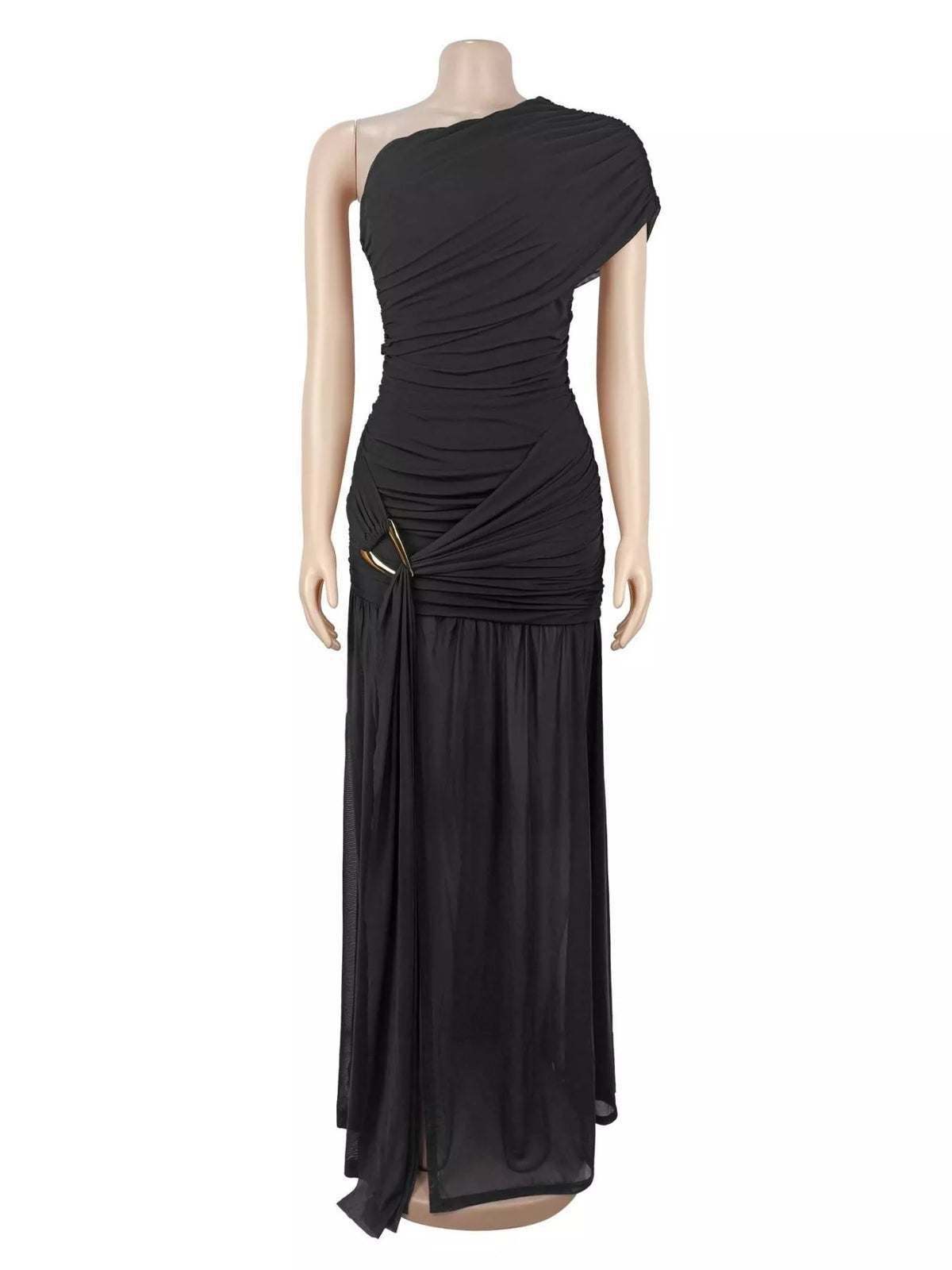 One-Shoulder Ruched High-Slit Maxi Dress