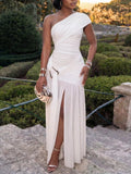 One-Shoulder Ruched High-Slit Maxi Dress White / S