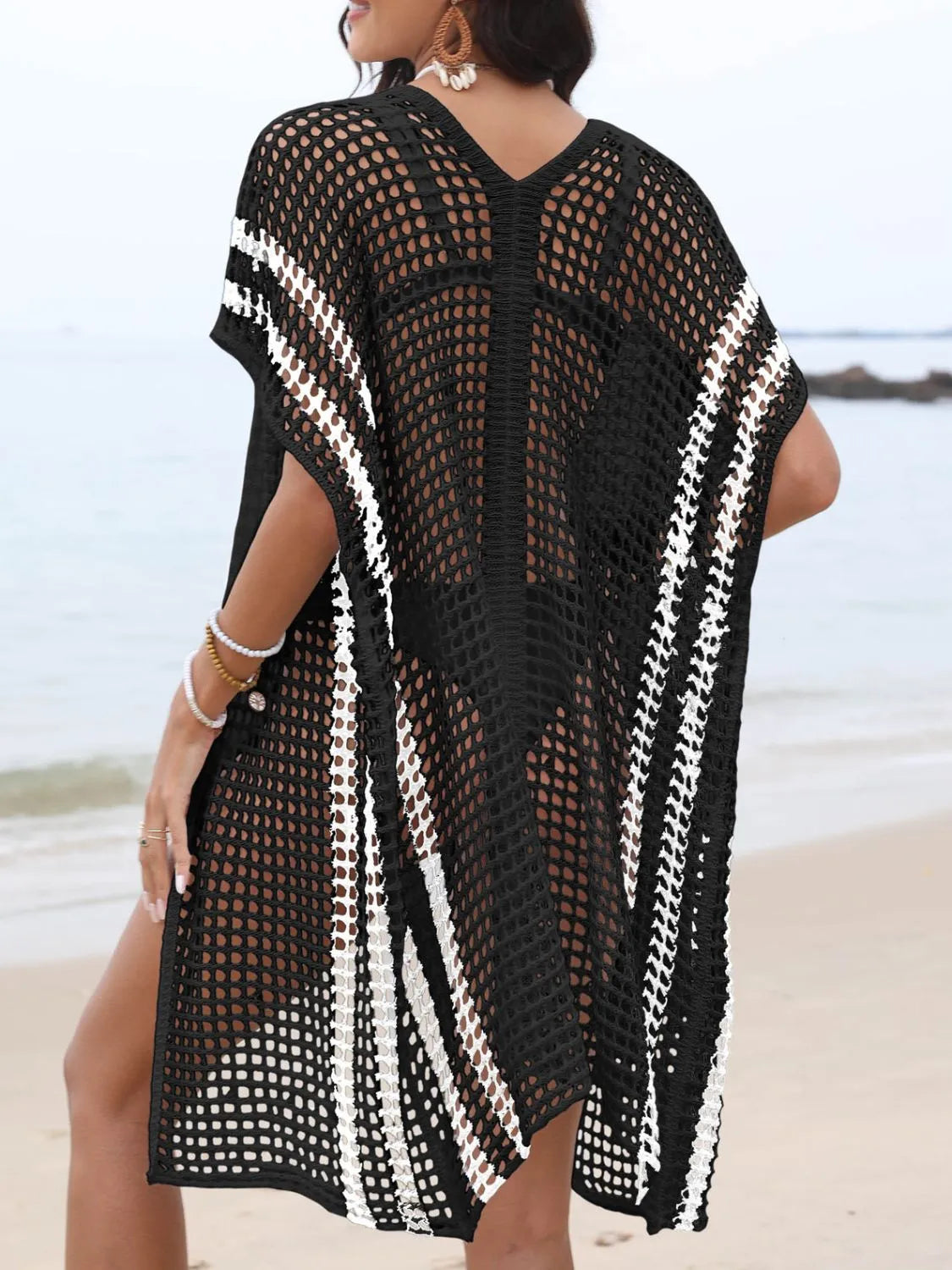 Open Front Contrast Openwork Cover-Up