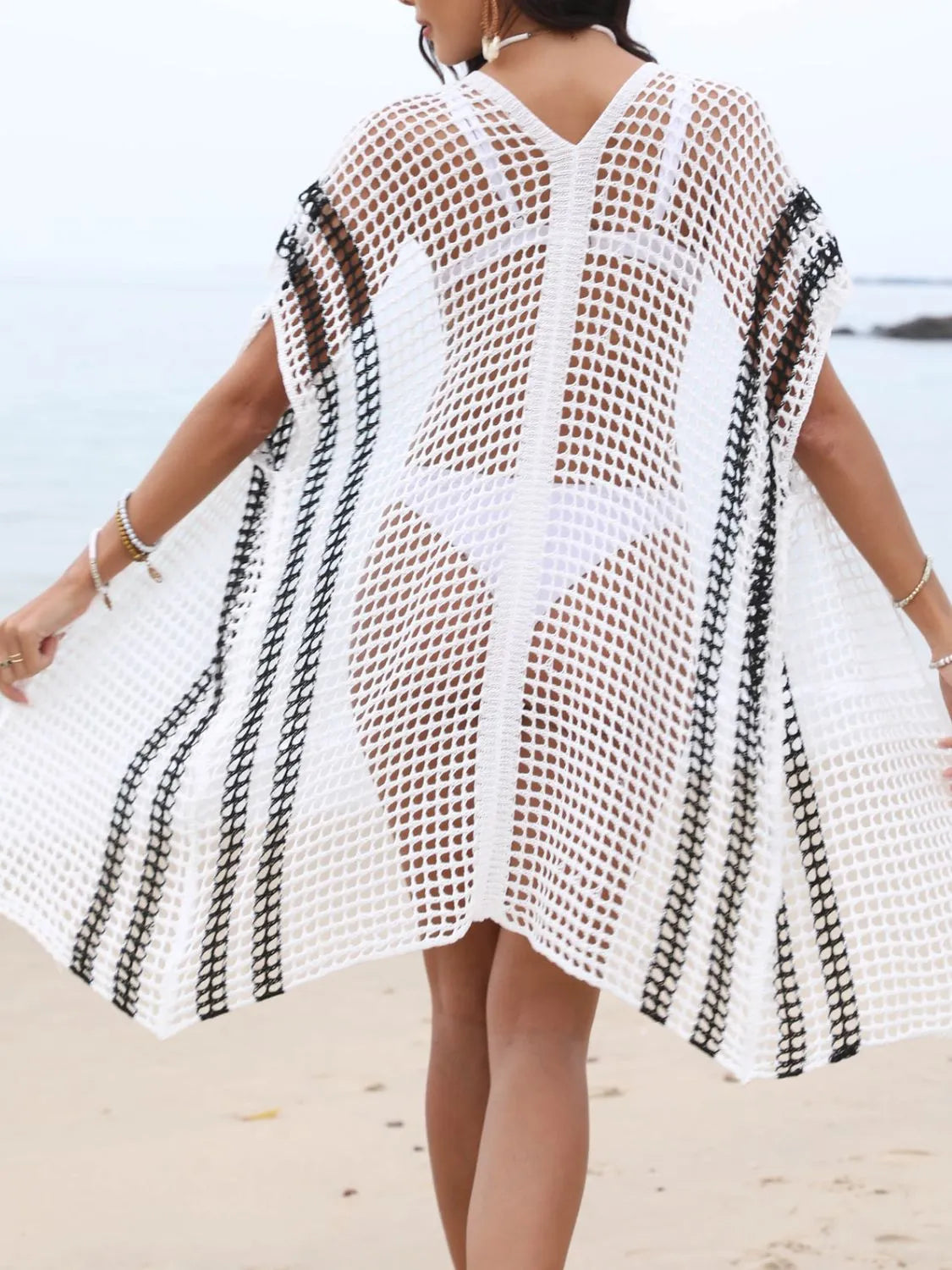 Open Front Contrast Openwork Cover-Up