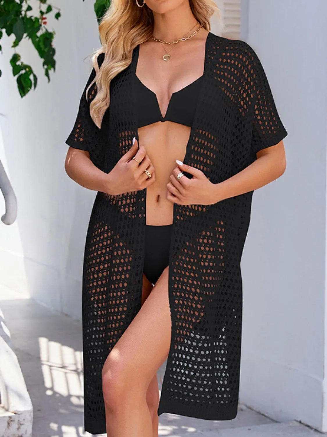 Open Front Tied Openwork Cover-Up Black / One Size