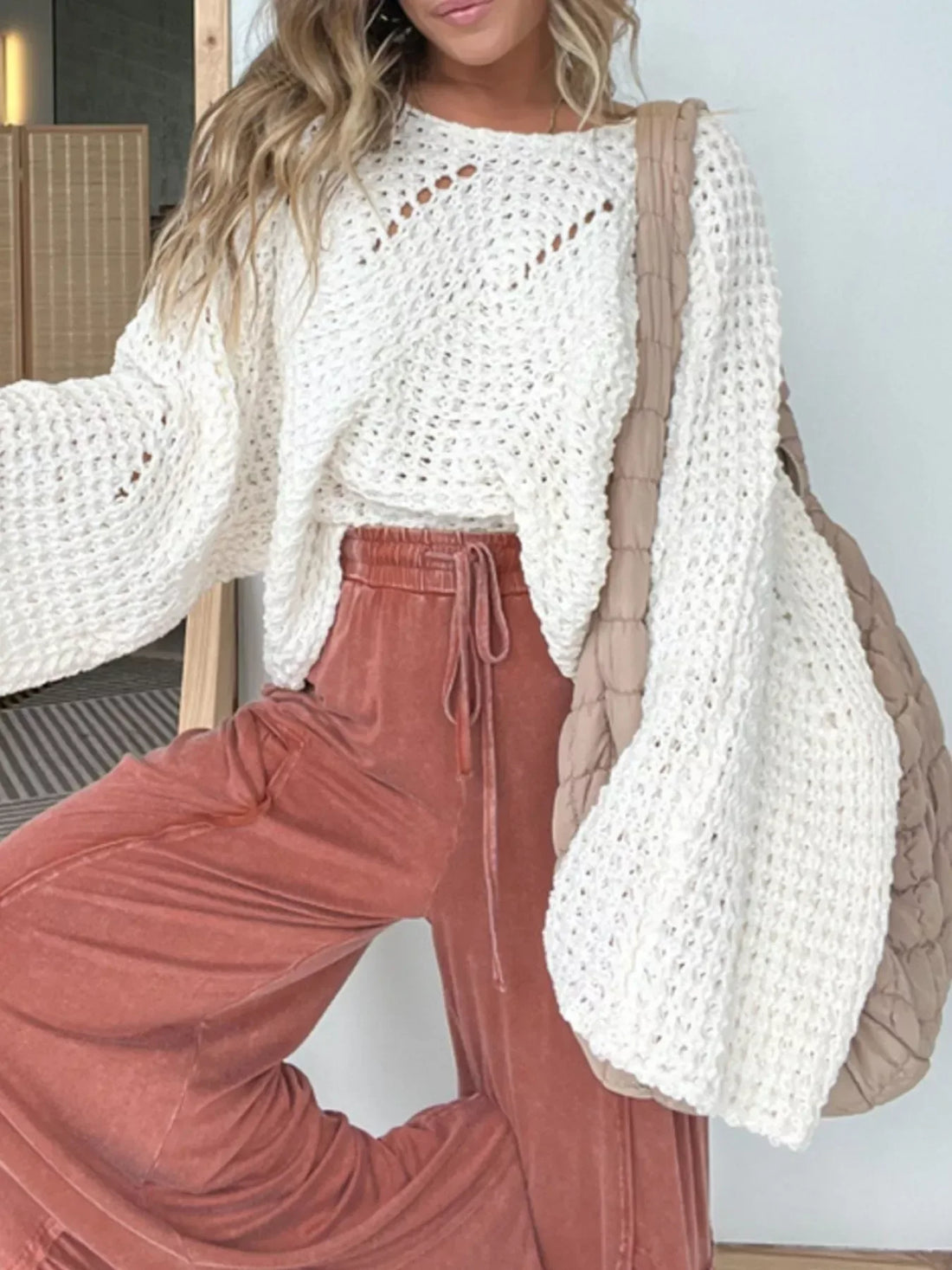 Openwork Batwing Sleeve Sweater for Women White / S/M