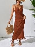 Openwork Scoop Neck Cover-Up Dress Brown / S