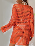 Openwork Boat Neck Long Sleeve Swim Cover-Up