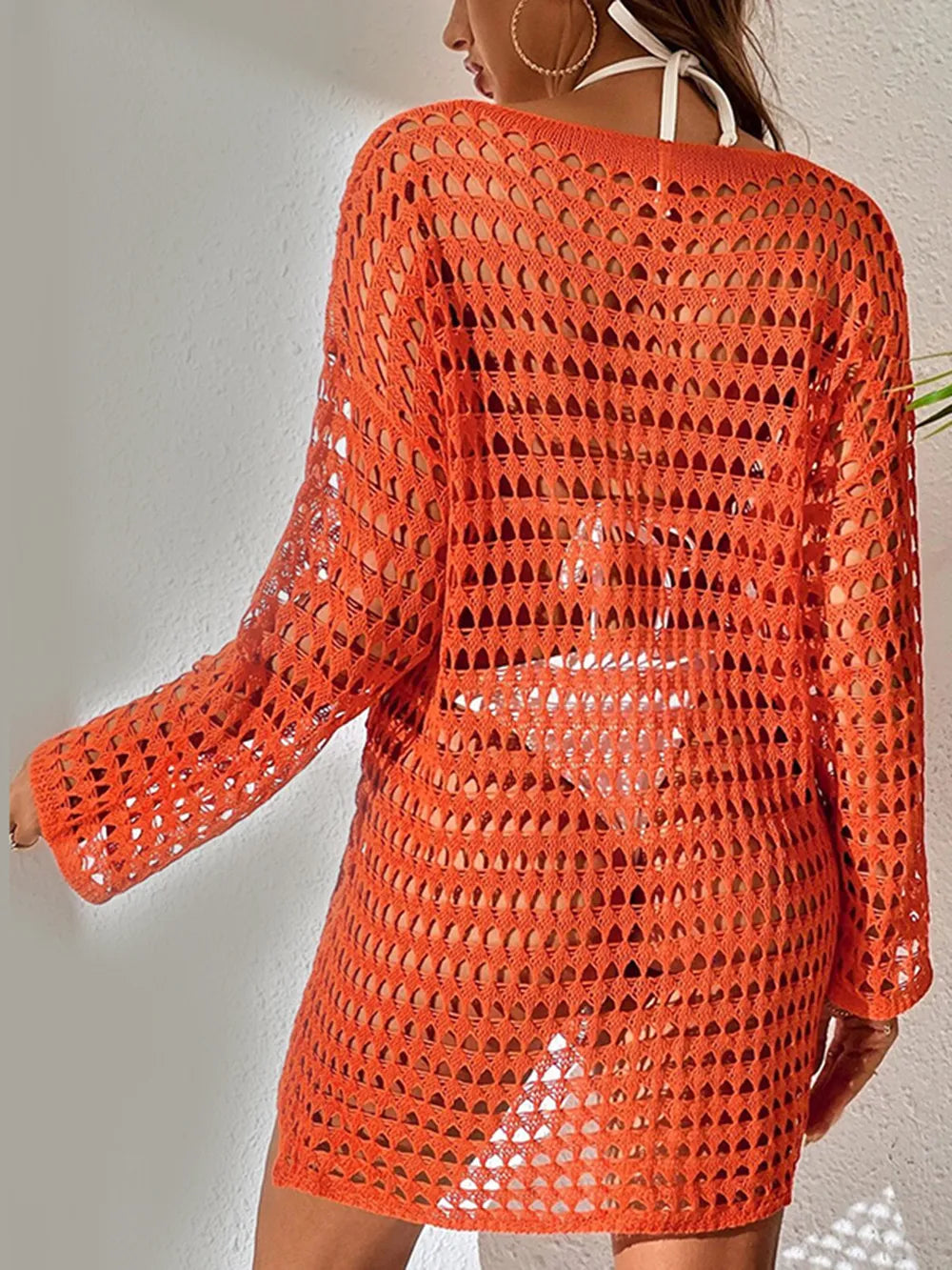 Openwork Boat Neck Long Sleeve Swim Cover-Up