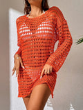 Openwork Boat Neck Long Sleeve Swim Cover-Up