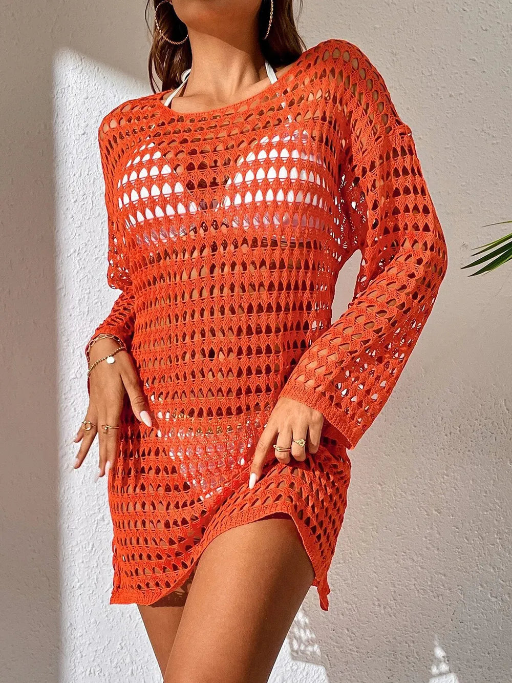 Openwork Boat Neck Long Sleeve Swim Cover-Up