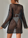 Openwork Boat Neck Long Sleeve Swim Cover-Up