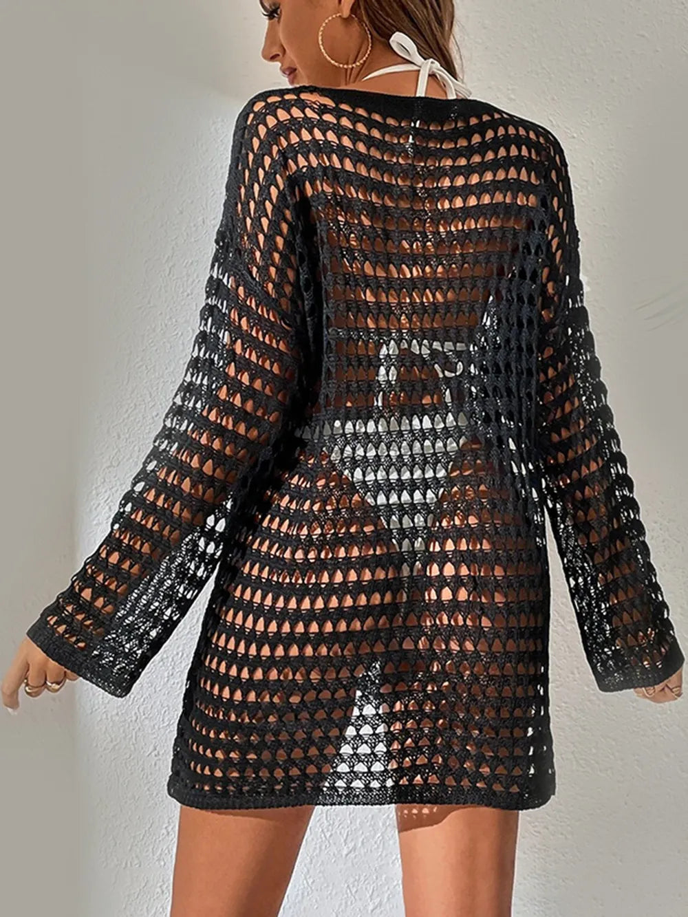 Openwork Boat Neck Long Sleeve Swim Cover-Up