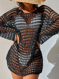 Openwork Boat Neck Long Sleeve Swim Cover-Up