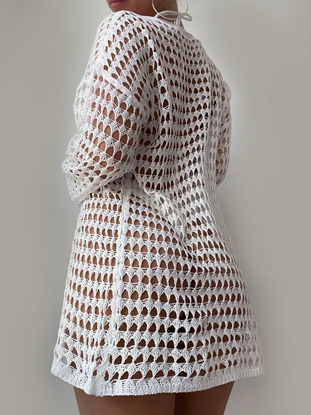 Openwork Boat Neck Long Sleeve Swim Cover-Up White / One Size